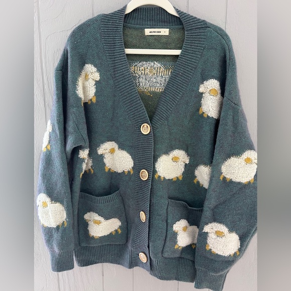 Aelfric Eden Sweaters - Aelfric Eden Teal Sheep Cardigan Oversized Small